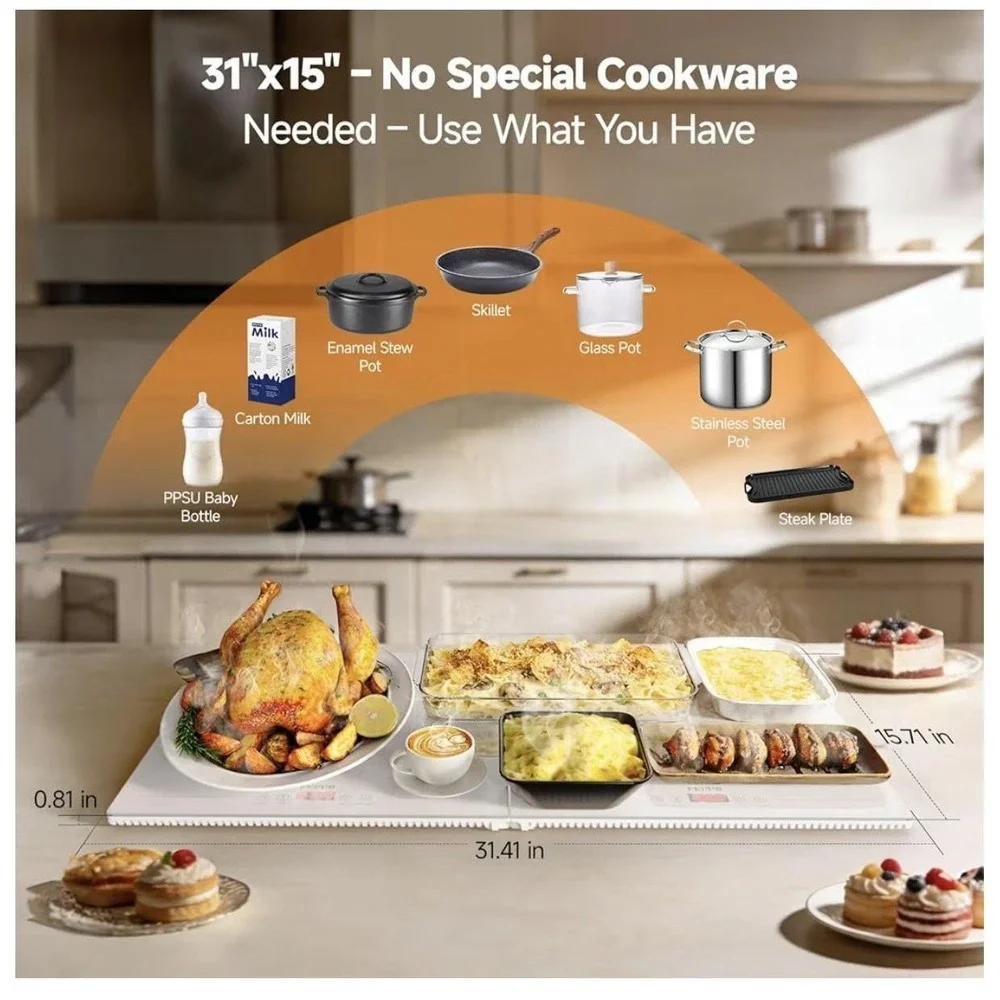 FEPPO Food Warming Tray 2 Panel Large White Glass Adjustable 86-248°F Open Box
